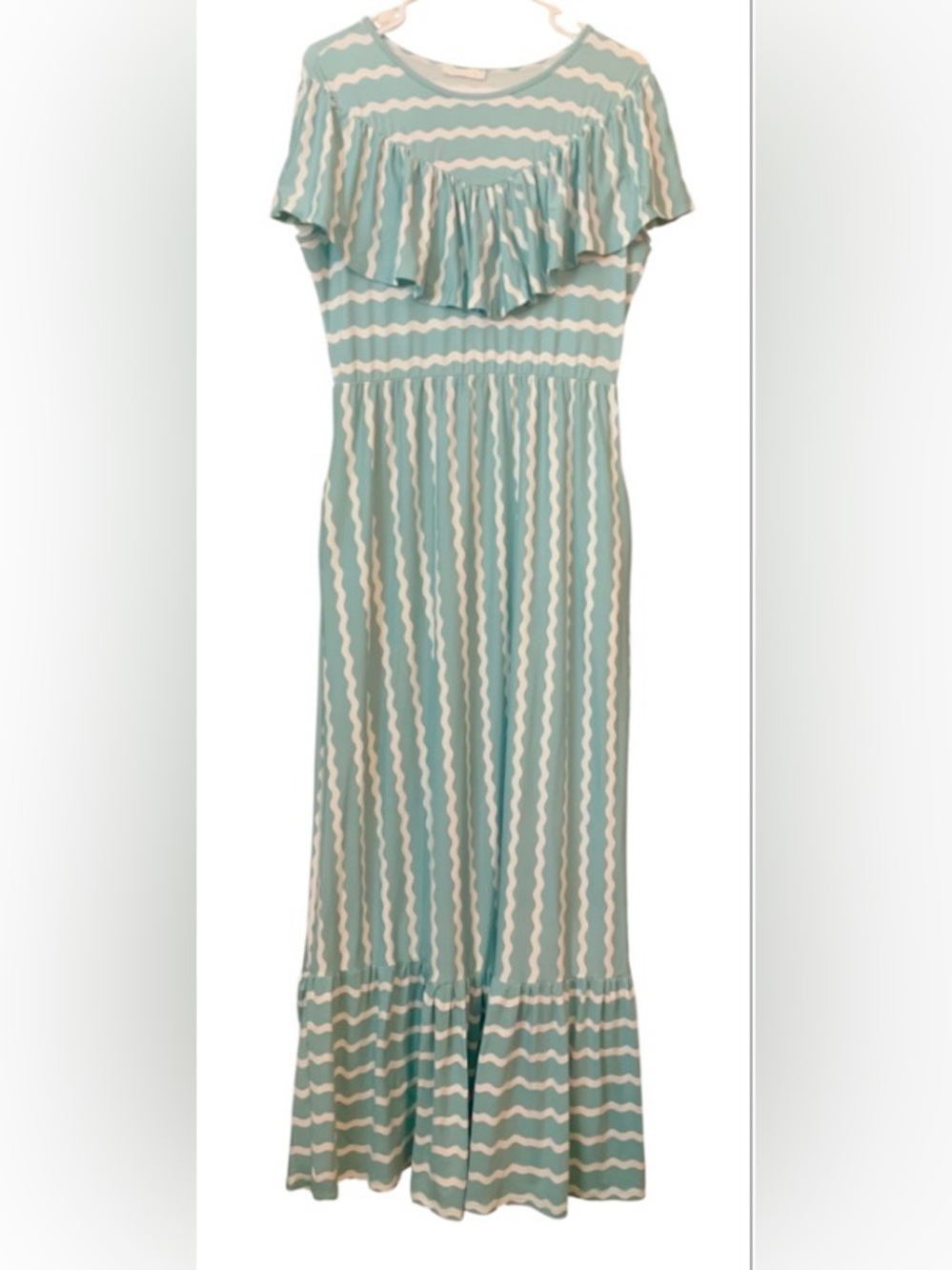 Reborn J Aqua and White Wavy-Stripe Maxi Dress